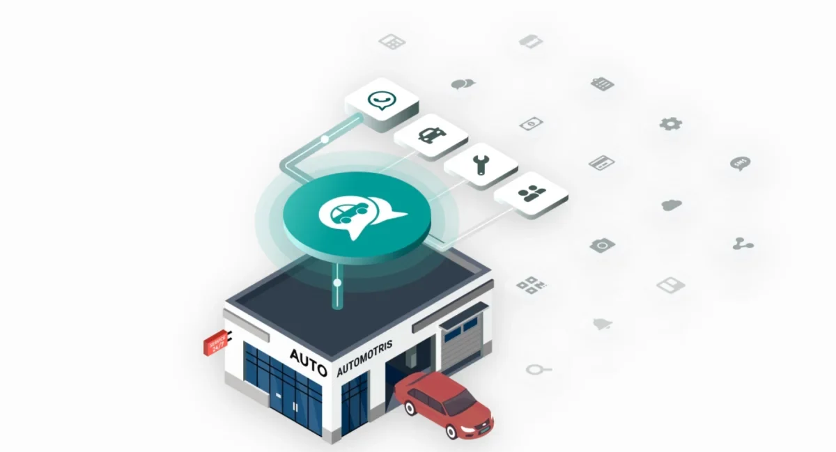 Ilustración de un taller automotriz conectado con las herramientas de Karbook